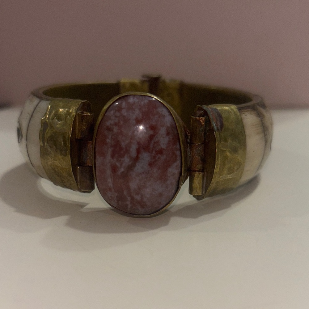 Vintage Handmade in Argentina - Rhodochrosite Bovine and Brass Bangle